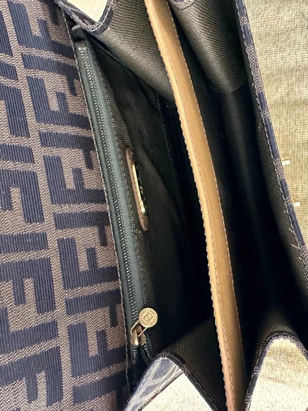 Fendi Brown FF Monogram Shoulder Bag with Tan Leather Strap